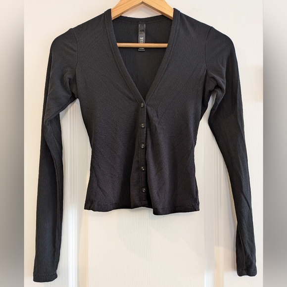 SKIMS Soft Lounge Ribbed Modal Cardigan Onyx Black Stretchy Casual Size XXS - Picture 4 of 15